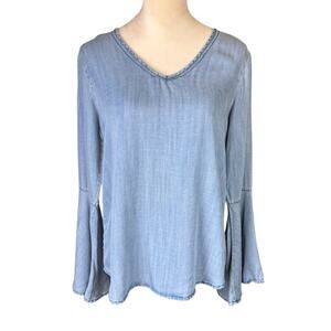 Thread & Supply Blue Soft Chambray Long Bell Sleeve V-neck Casual Solid Top